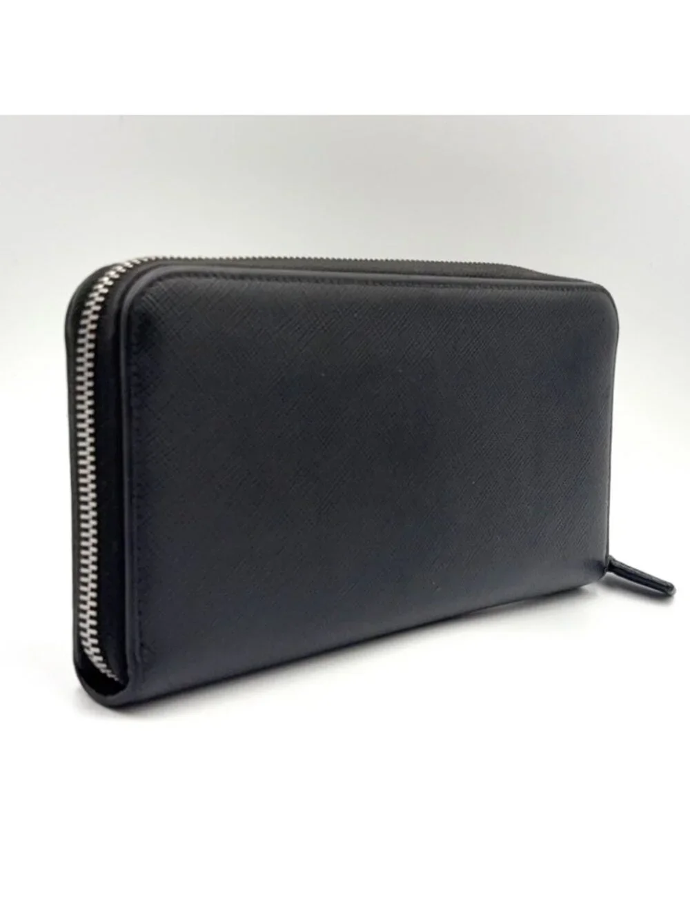 Prada Saffiano Embossed Logo Zip Around Leather Black Wallet Silver